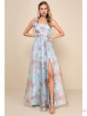 Lulus Large Dramatically Lovely Blue Floral One Shoulder Maxi Dress NWT Formal
